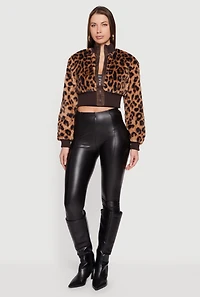 Leopard Print Faux Fur Cropped Zip Front Jacket