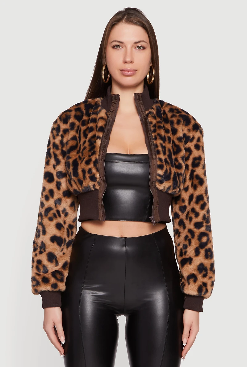 Womens Leopard Print Faux Fur Cropped Zip Front Jacket, Brown, Size S