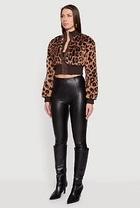 Womens Leopard Print Faux Fur Cropped Zip Front Jacket, Brown, Size S