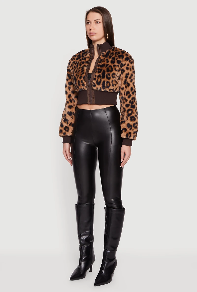 Leopard Print Faux Fur Cropped Zip Front Jacket