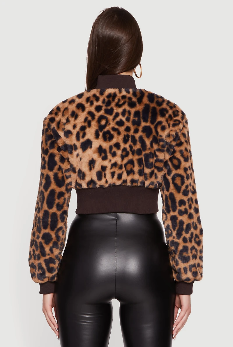 Womens Leopard Print Faux Fur Cropped Zip Front Jacket, Brown, Size S