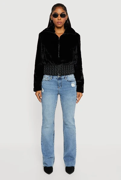 Faux Leather Chevron Trim Zip Front Fur Jacket