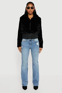 Faux Leather Chevron Trim Zip Front Fur Jacket