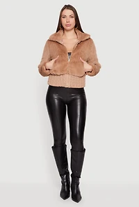Faux Leather Chevron Trim Zip Front Fur Jacket