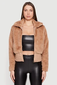 Faux Leather Chevron Trim Zip Front Fur Jacket