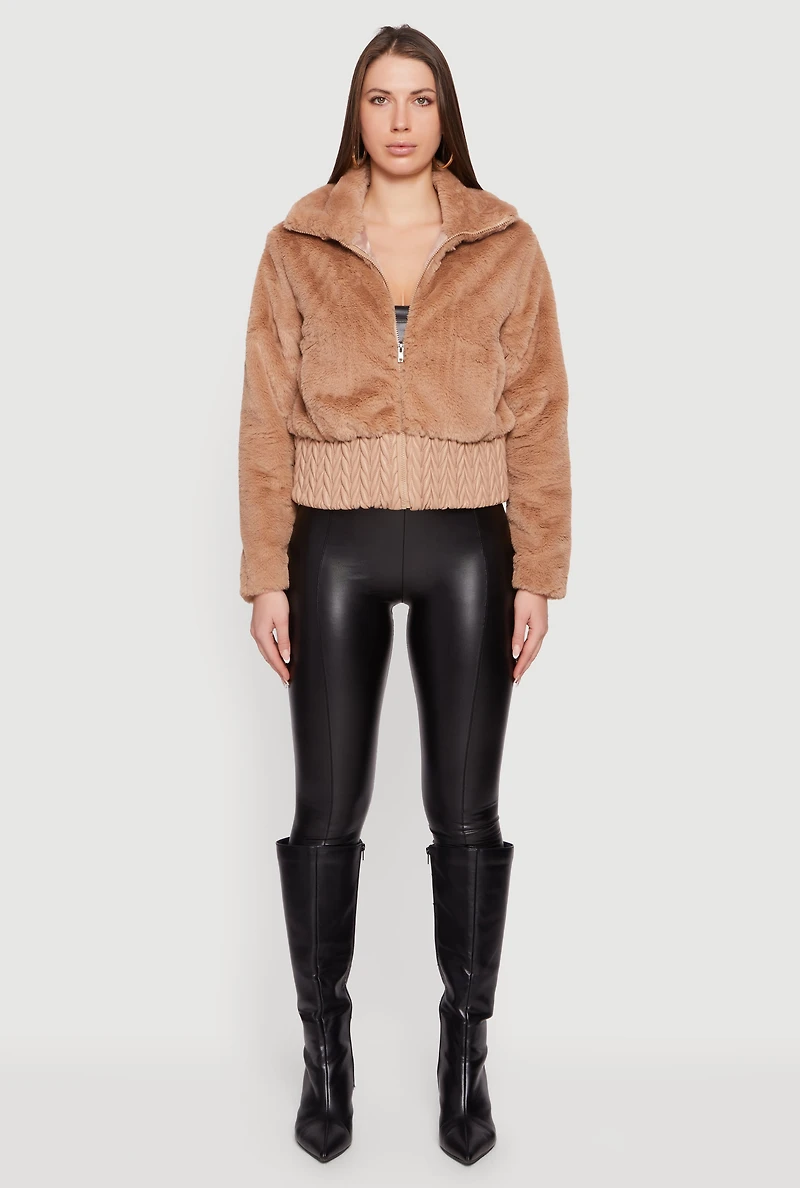 Faux Leather Chevron Trim Zip Front Fur Jacket
