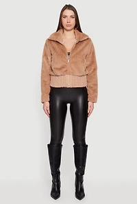 Faux Leather Chevron Trim Zip Front Fur Jacket