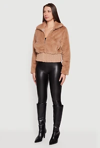 Faux Leather Chevron Trim Zip Front Fur Jacket