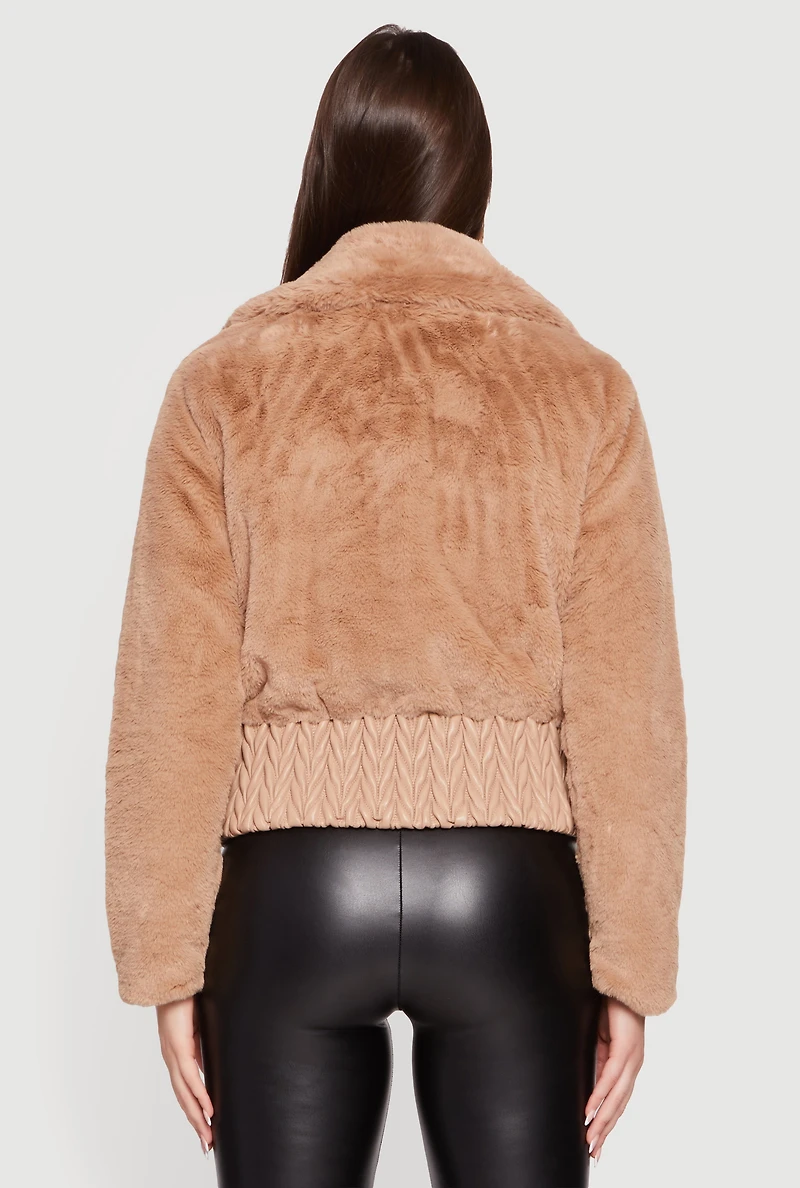 Faux Leather Chevron Trim Zip Front Fur Jacket