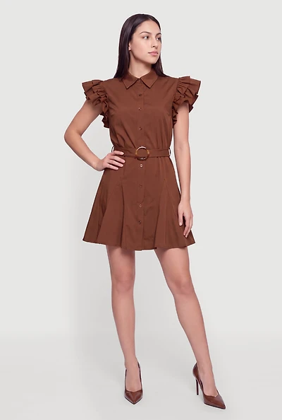 Ruffle Tiered Sleeve O-Ring Belted Shirt Dress