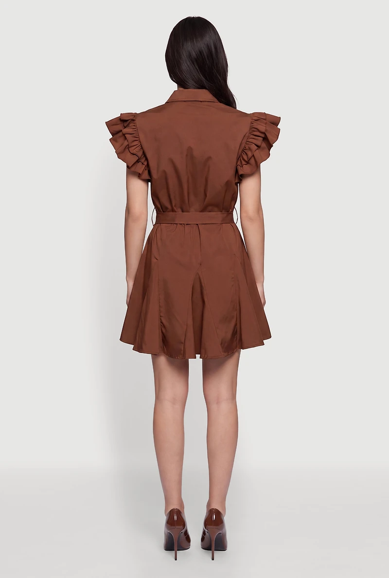 Ruffle Tiered Sleeve O-Ring Belted Shirt Dress