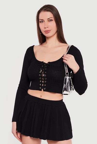 Long Sleeve Scoop Neck Lace Up Front Crop Top