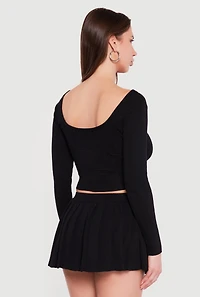 Long Sleeve Scoop Neck Lace Up Front Crop Top