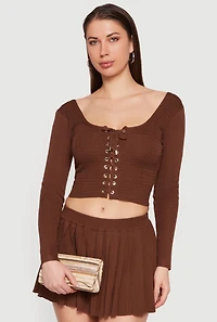 Long Sleeve Scoop Neck Lace Up Front Crop Top