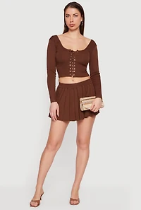 Long Sleeve Scoop Neck Lace Up Front Crop Top