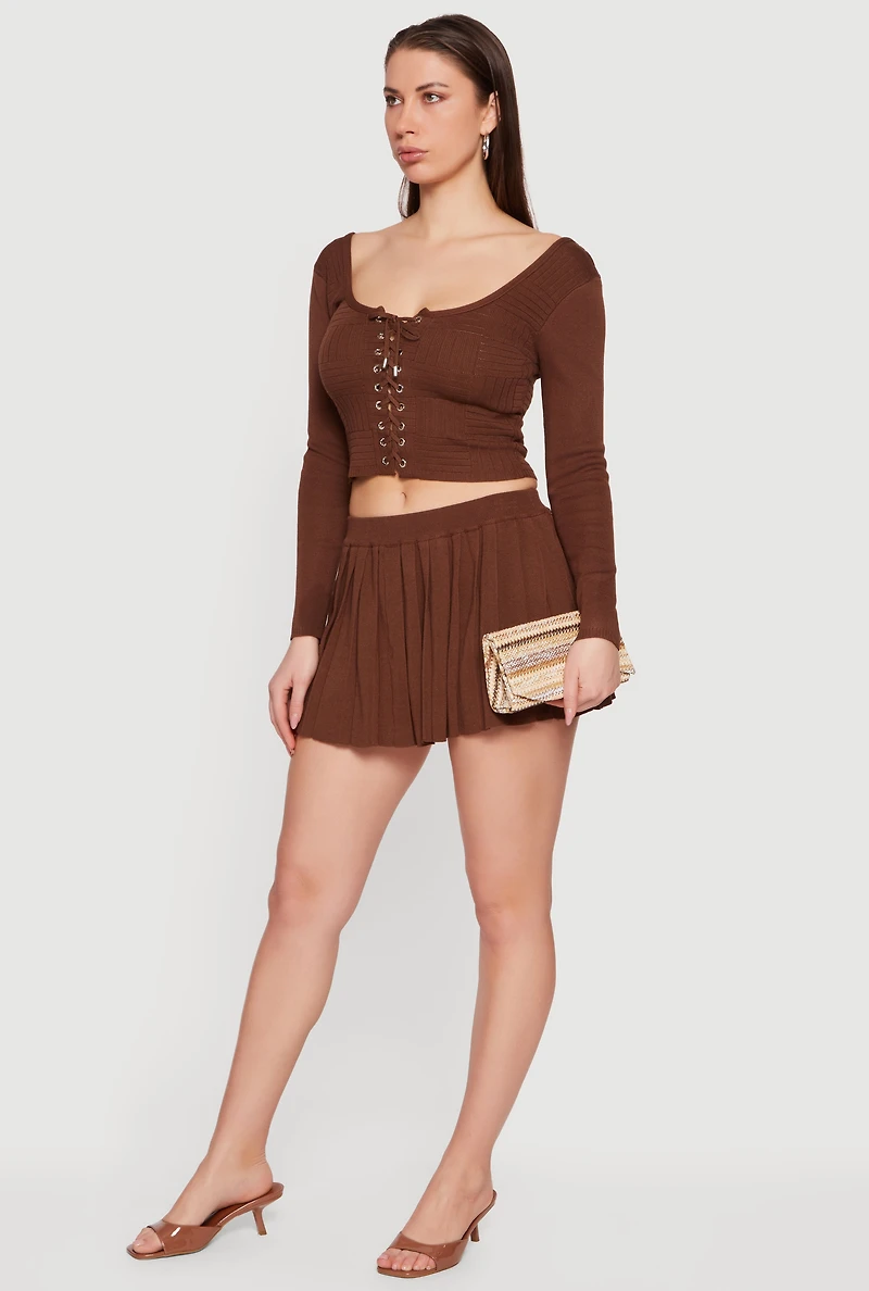 Long Sleeve Scoop Neck Lace Up Front Crop Top