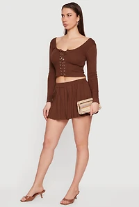 Long Sleeve Scoop Neck Lace Up Front Crop Top