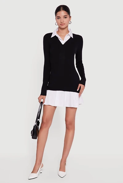 Womens Rib Knit Layered Look Pleated Sweater Dress,