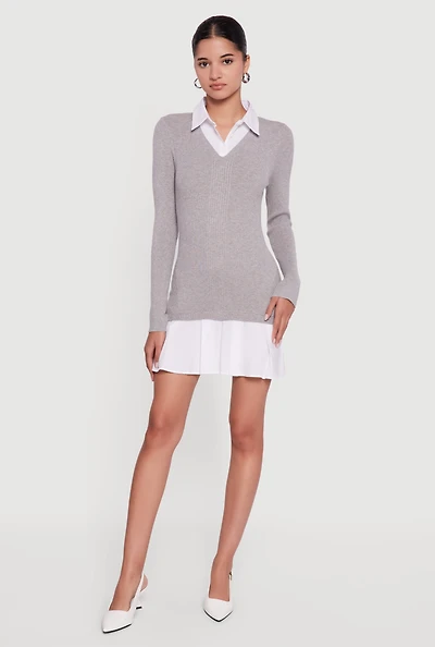 Rib Knit Layered Look Pleated Sweater Dress