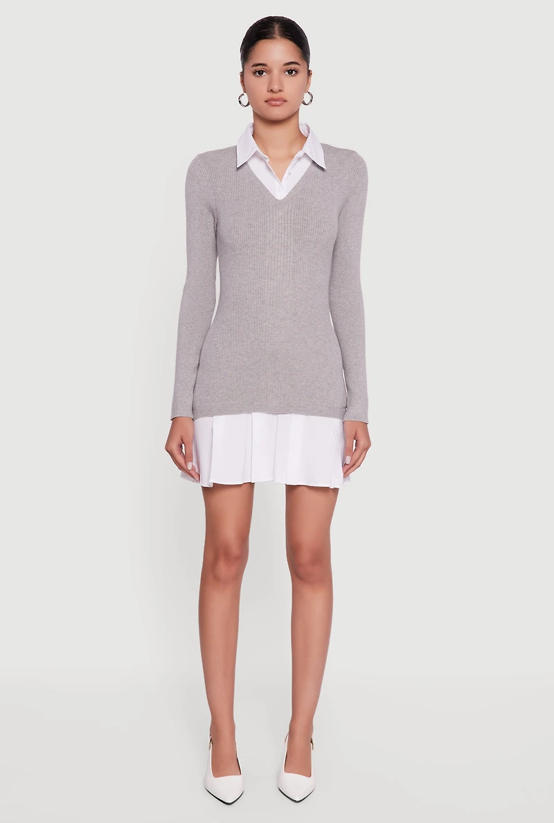 Rib Knit Layered Look Pleated Sweater Dress