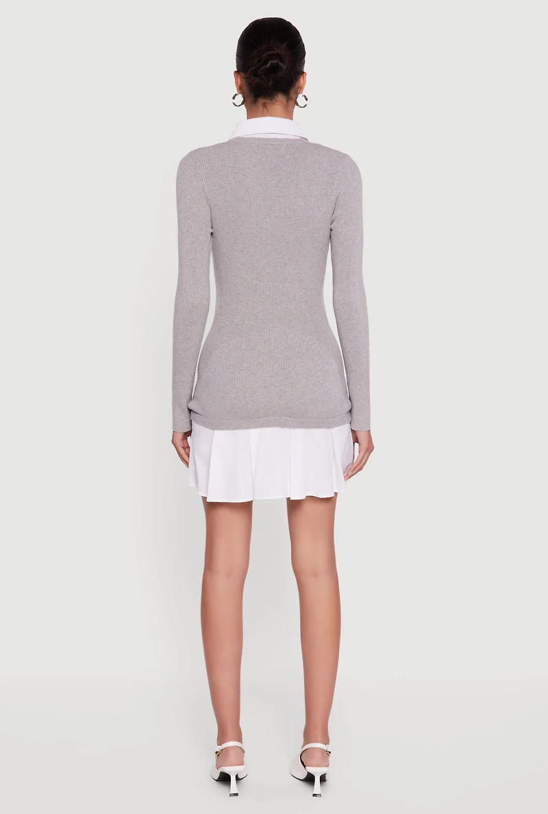 Rib Knit Layered Look Pleated Sweater Dress