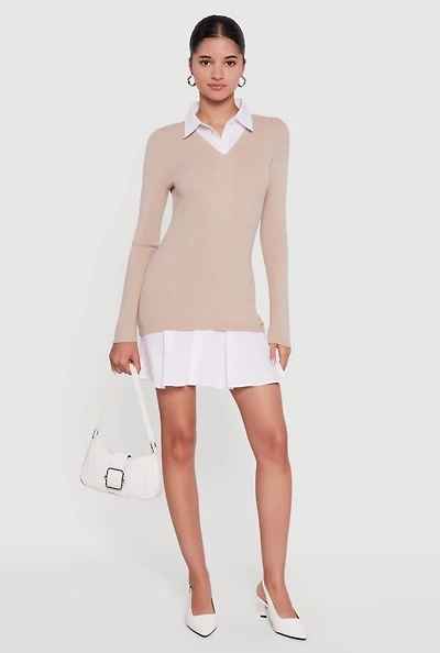 Womens Rib Knit Layered Look Pleated Sweater Dress,
