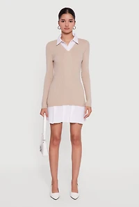 Womens Rib Knit Layered Look Pleated Sweater Dress, S