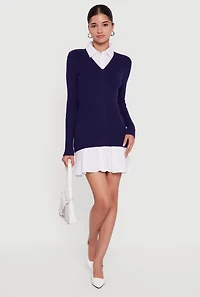 Rib Knit Layered Look Pleated Sweater Dress