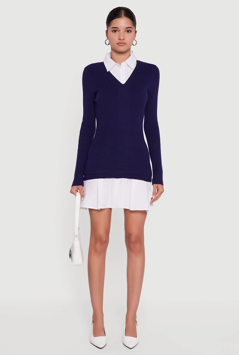 Rib Knit Layered Look Pleated Sweater Dress