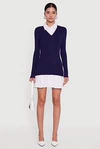 Rib Knit Layered Look Pleated Sweater Dress