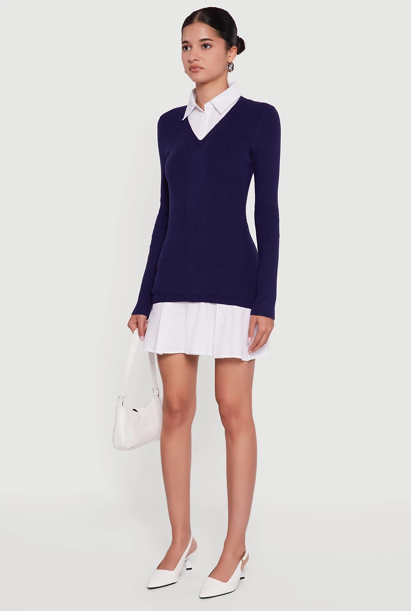 Rib Knit Layered Look Pleated Sweater Dress