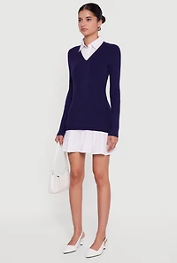 Rib Knit Layered Look Pleated Sweater Dress