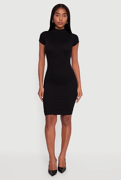 Womens Short Sleeve Mock Neck Bodycon Dress, Black, Size L