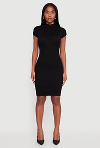 Womens Short Sleeve Mock Neck Bodycon Dress, Black, Size L