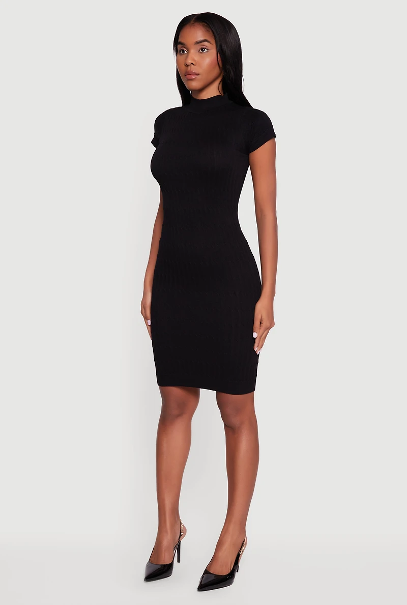 Womens Short Sleeve Mock Neck Bodycon Dress, Black, Size L