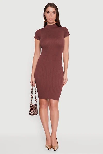 Womens Short Sleeve Mock Neck Sweater Dress, Brown, Size M