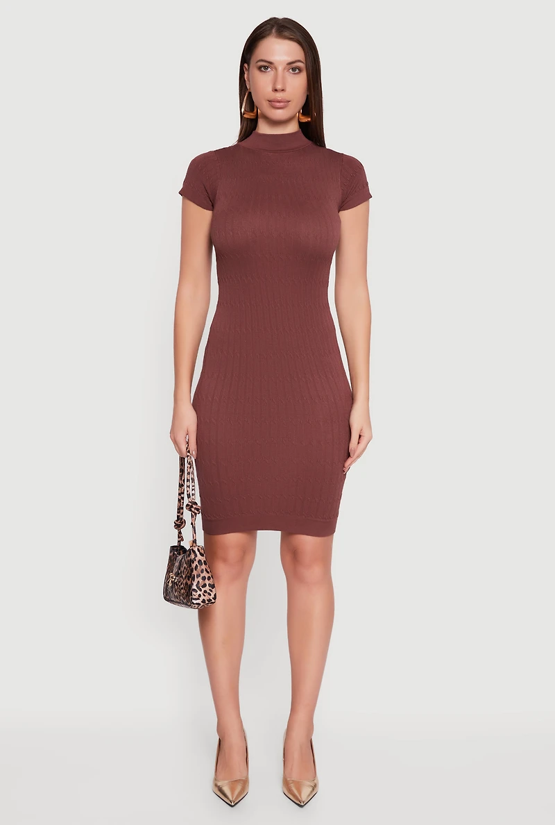 Womens Short Sleeve Mock Neck Bodycon Dress, Brown, Size M