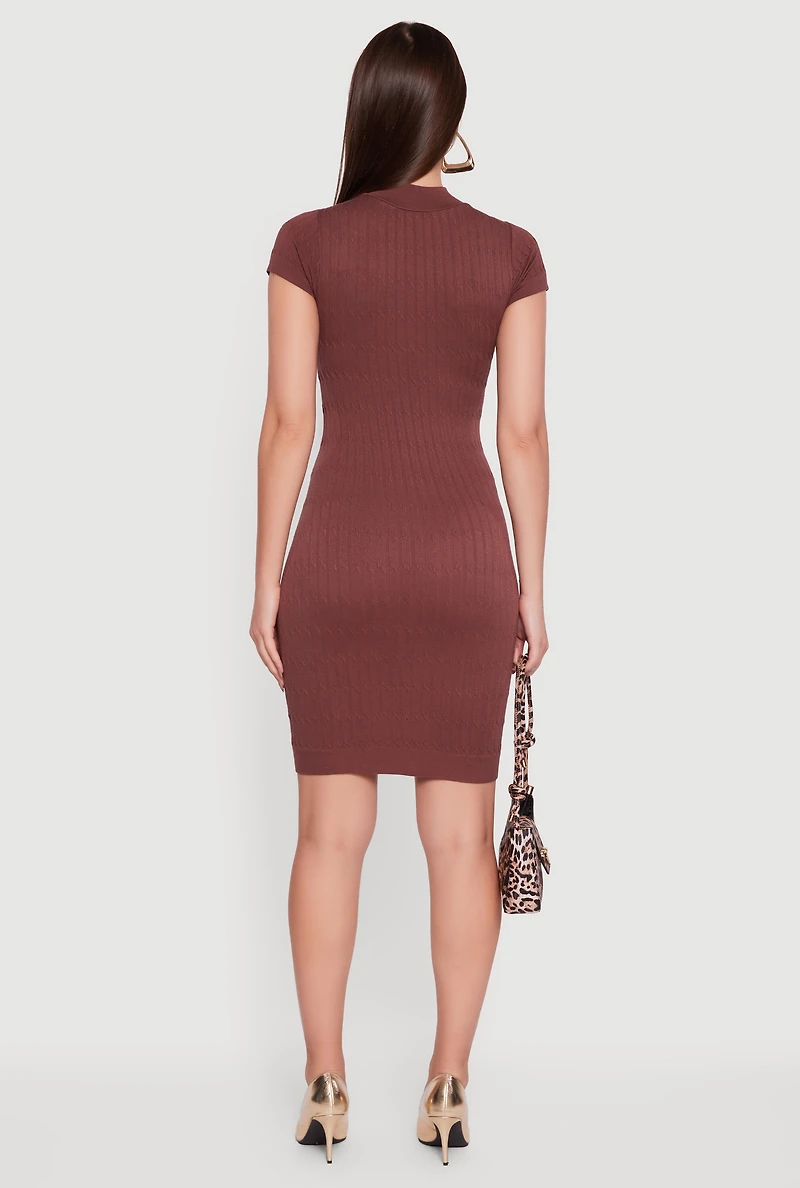 Womens Short Sleeve Mock Neck Sweater Dress, Brown, Size M