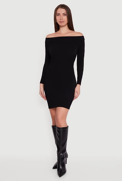 Womens Long Sleeve Off The Shoulder Mini Dress, Black, Size S