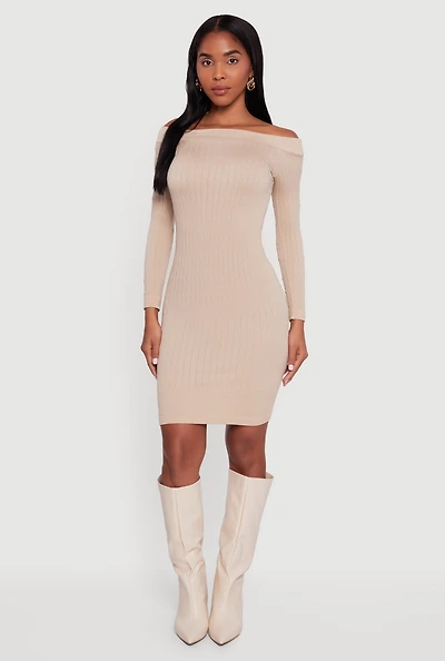 Womens Long Sleeve Off The Shoulder Mini Dress, Beige, Size M