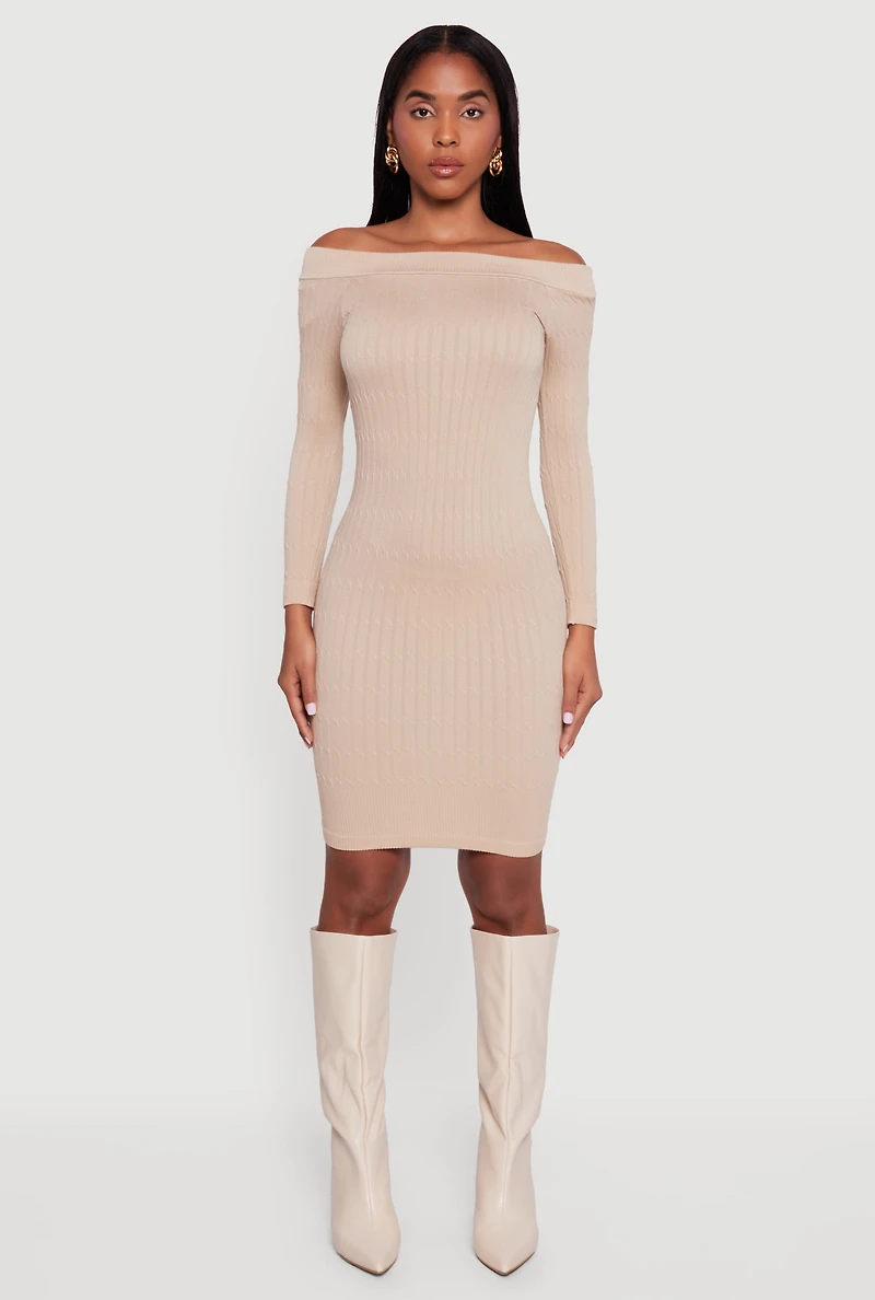 Womens Long Sleeve Off The Shoulder Mini Dress, Beige, Size M