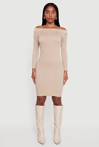 Womens Long Sleeve Off The Shoulder Mini Dress, Beige, Size M