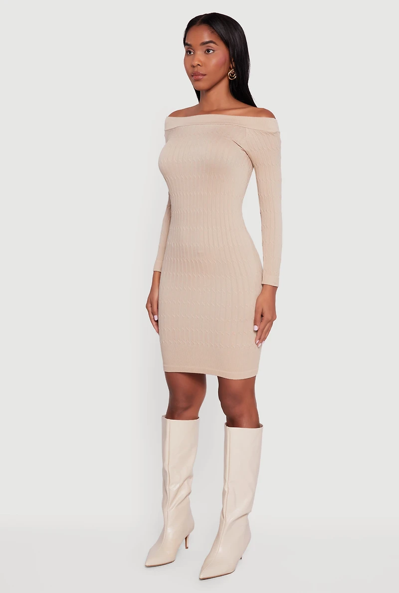 Womens Long Sleeve Off The Shoulder Mini Dress, Beige, Size M