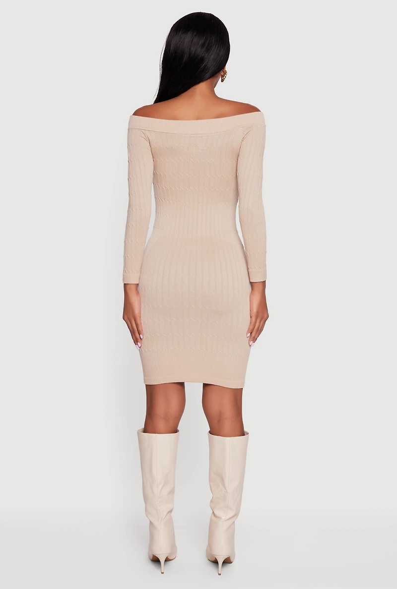 Womens Long Sleeve Off The Shoulder Mini Dress, Beige, Size M