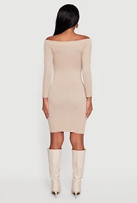 Womens Long Sleeve Off The Shoulder Mini Dress, Beige, Size M