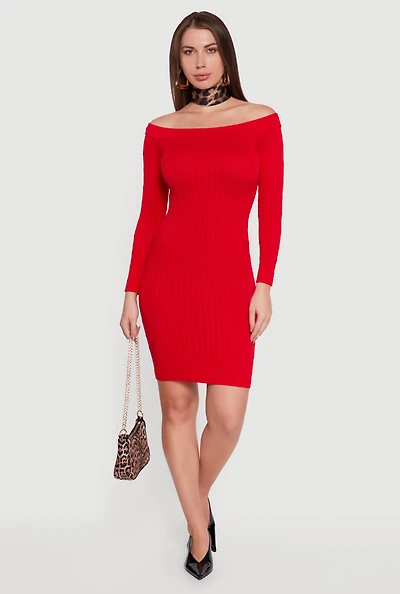Womens Long Sleeve Off The Shoulder Mini Dress, Red, Size L