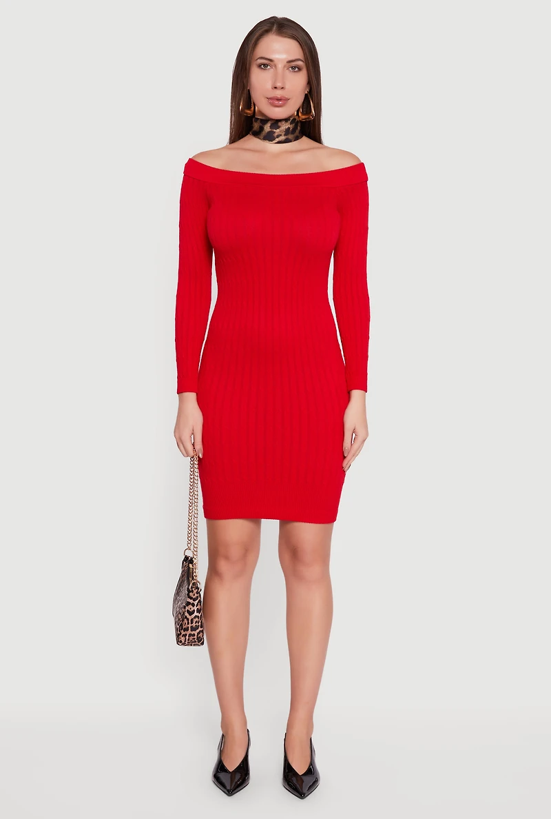 Womens Long Sleeve Off The Shoulder Mini Dress, Red, Size L