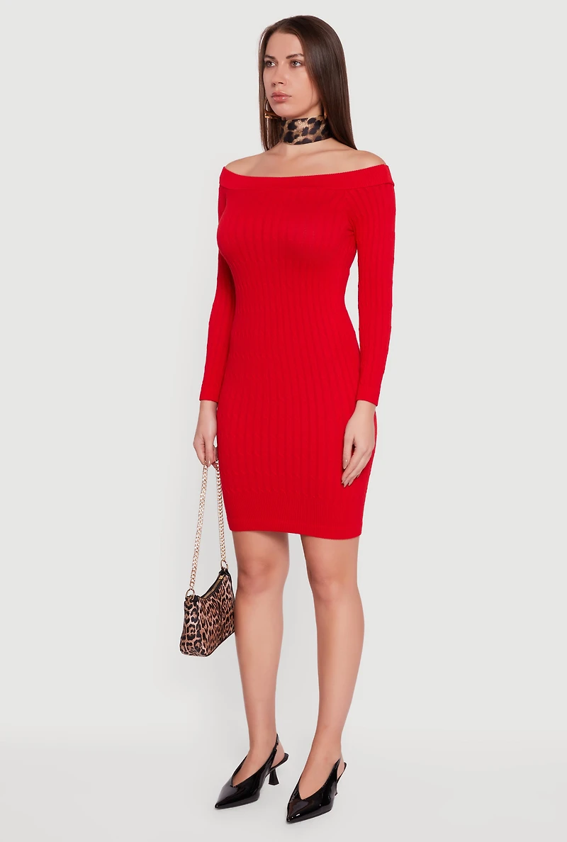 Womens Long Sleeve Off The Shoulder Mini Dress, Red, Size L