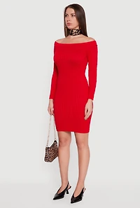 Womens Long Sleeve Off The Shoulder Mini Dress, Red, Size L