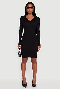 Womens Long Sleeve Mini Polo Sweater Dress, Black, Size L
